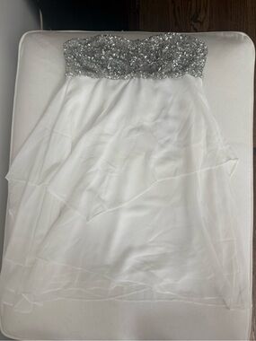 NWT Strapless White Chiffon Dress with Silver Sequin Bust